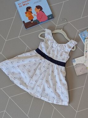 Sergent Major - Girls' White Floral Dress with Navy Waistband - 100% Cotton